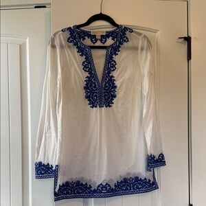 MICHAEL Michael Kors White Tunic with Cobalt Blue Embroidery